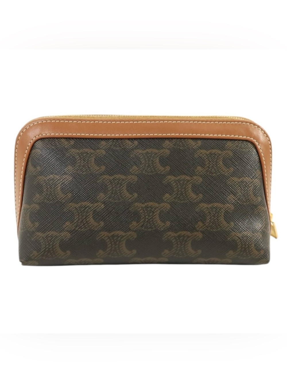 CELINE Triomphe Brown Coated Canvas Pouch Clutch with Gold Hardware